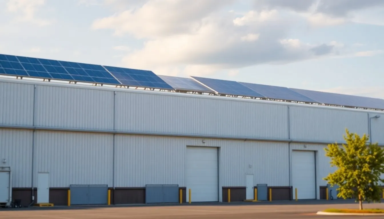 Large cold store building with solar panels along its roof edge and loading doors