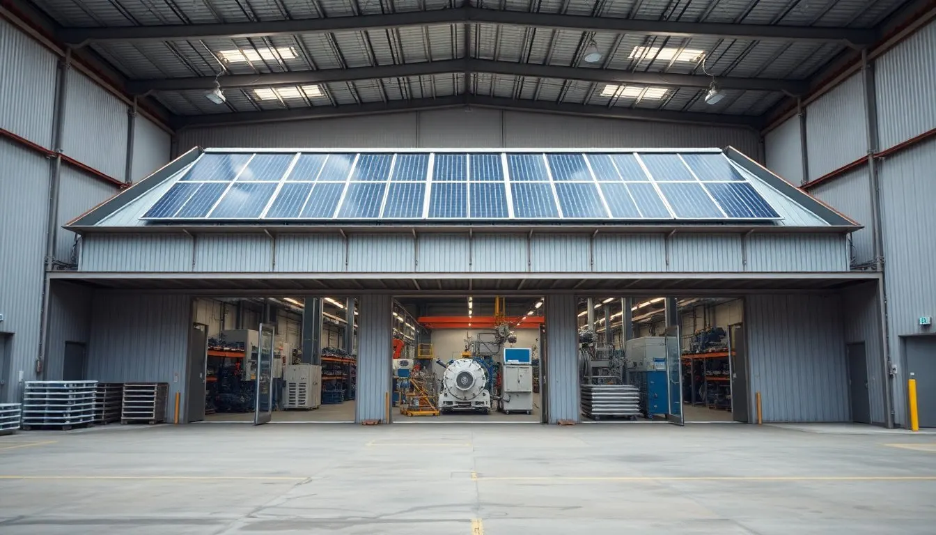 Open factory hall with a solar skylight roof above machinery