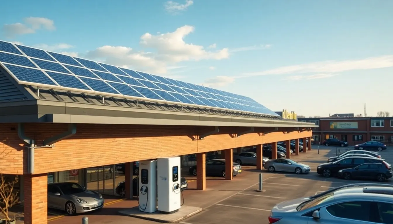 Retail park covered walkway with solar panels on the roof and an electric vehicle charger