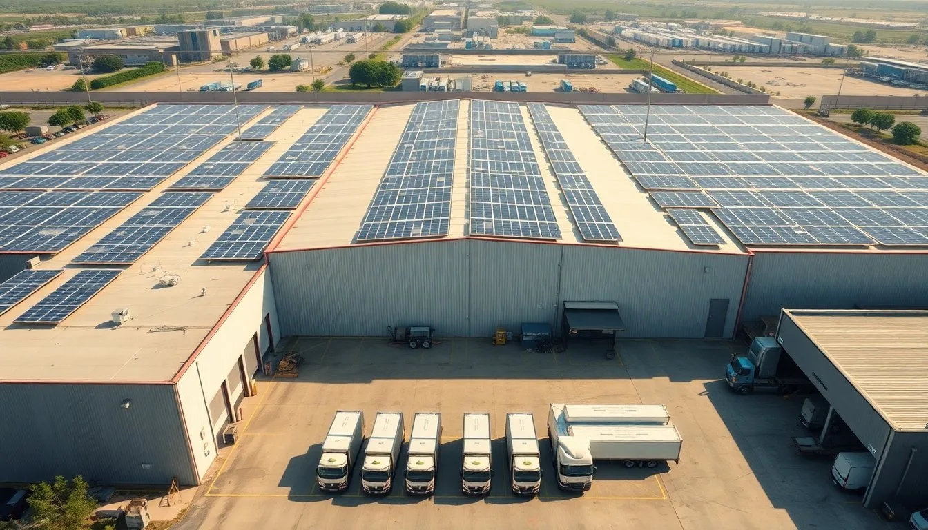 A vast distribution warehouse with an extensive rooftop solar array, delivery trucks parked in the loading yard below, aerial perspective