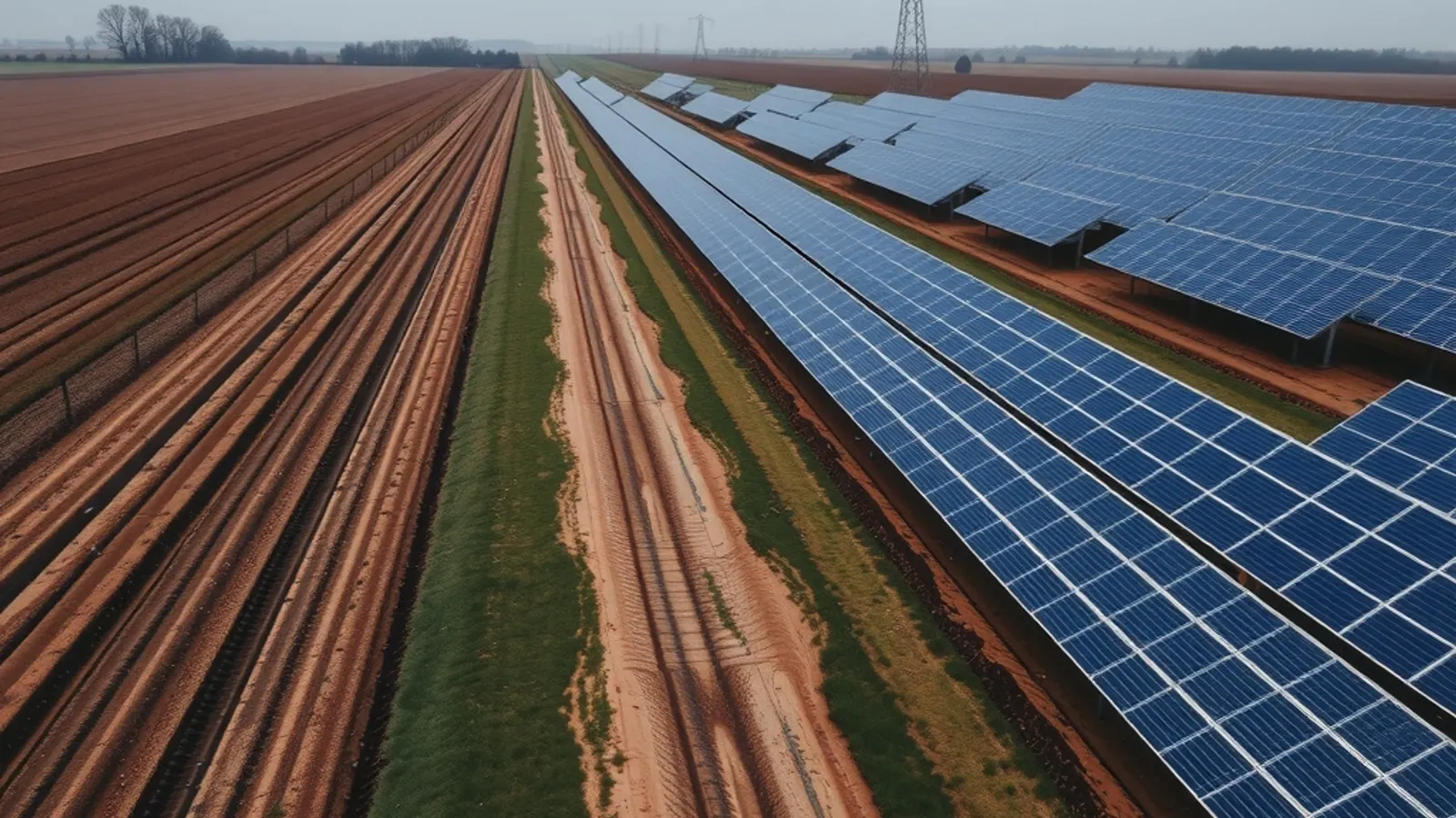 Aerial view of rows of ground-mounted solar panels beside ploughed farmland