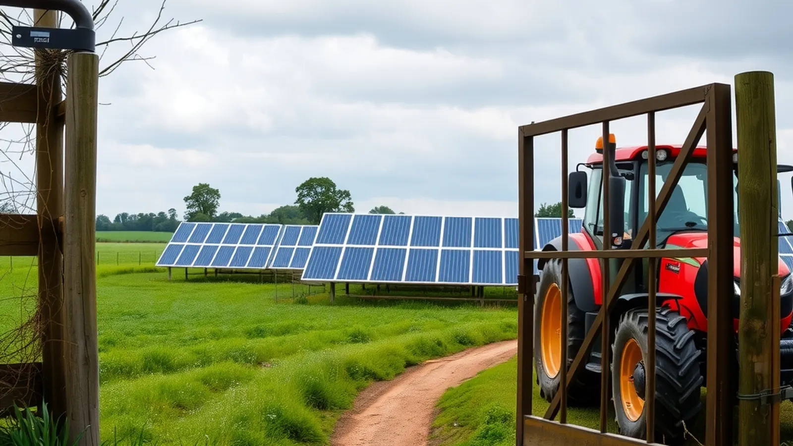 Wooden farm gate with a red tractor and a solar array in the field beyond