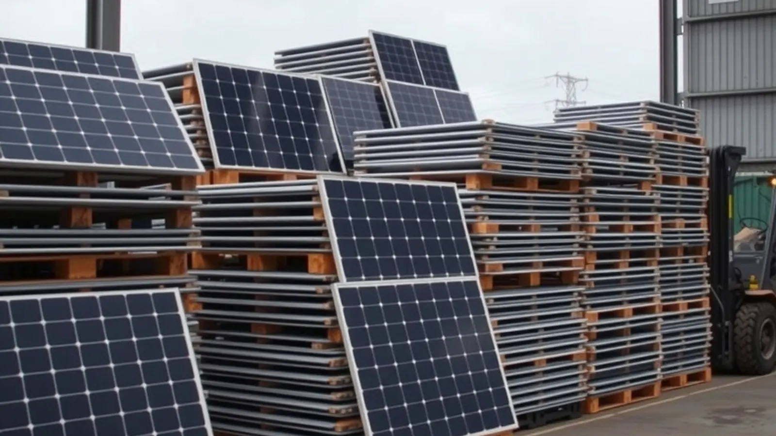 Pallets of used solar panels stacked in a recycling warehouse beside a forklift