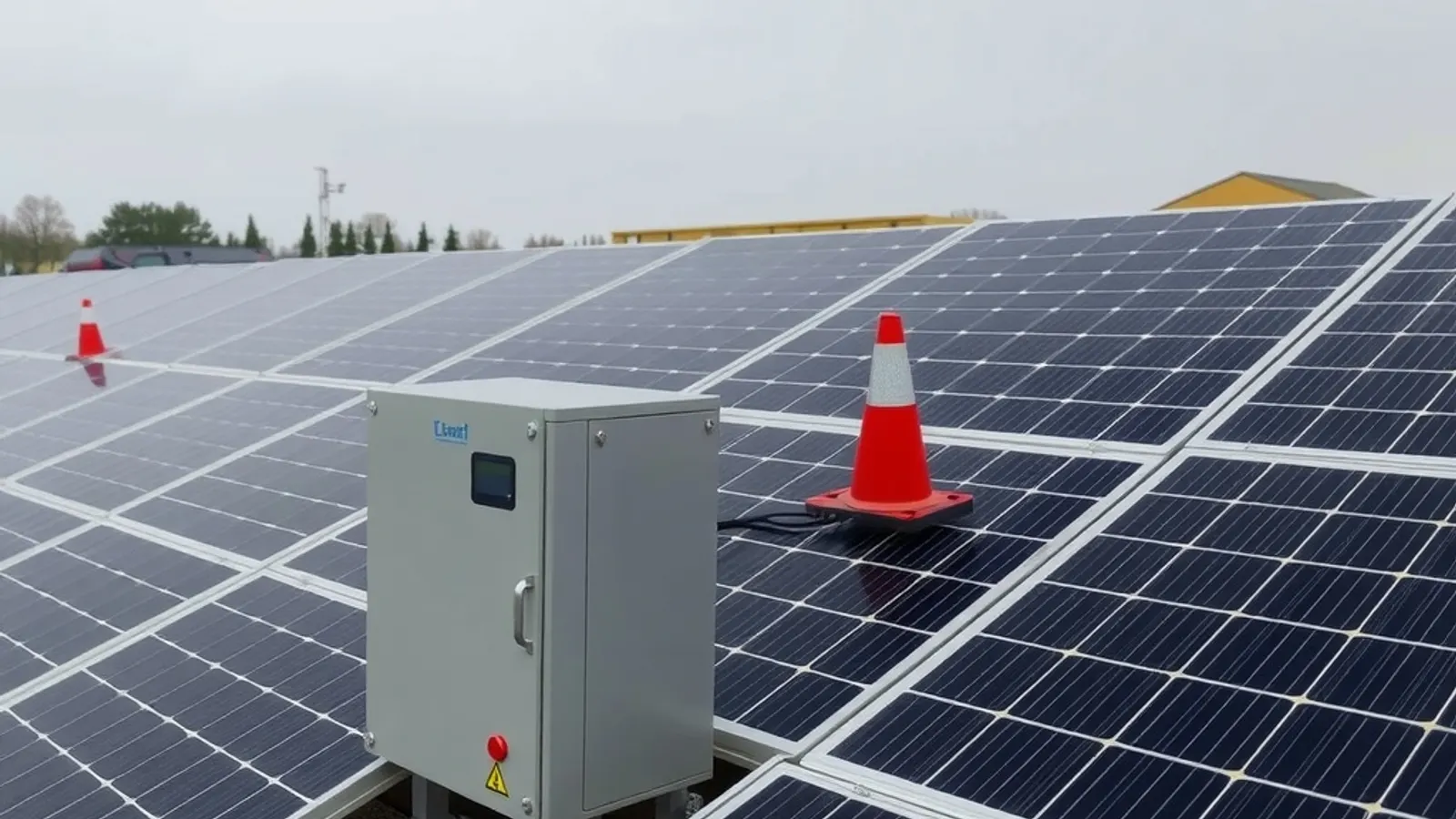 Rooftop solar panels with an inverter cabinet and a single red safety cone