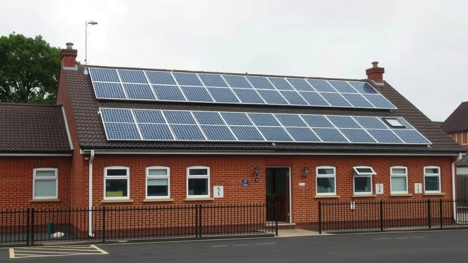 Brick single-storey school building with solar panels on its roof