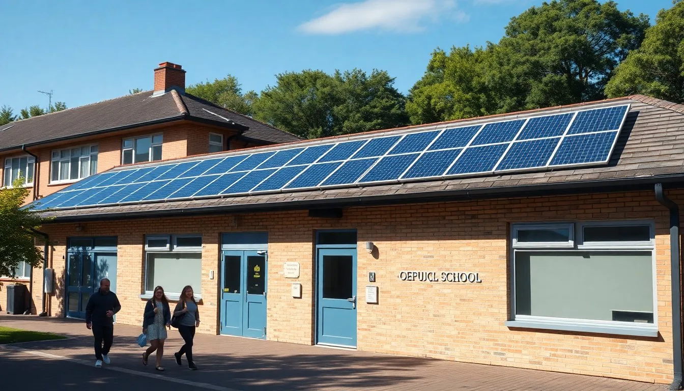 A UK school or public sector building exterior with rooftop solar panels installed, clean daytime photography, students or staff walking nearby