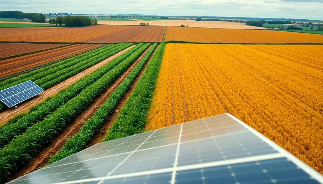 Solar panels at the edge of crop fields in green and gold stripes