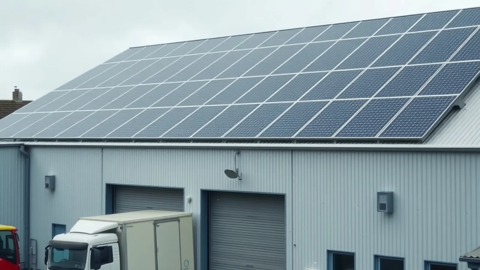 Large metal-clad industrial building with a solar roof and a delivery lorry at the loading door