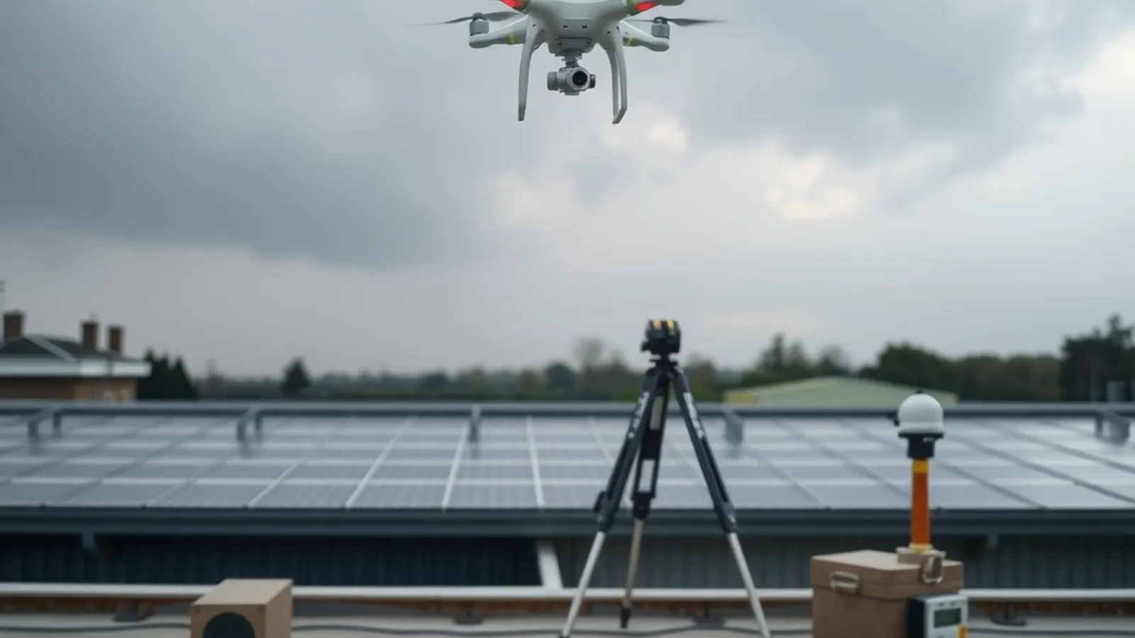 Flat commercial roof with roof lights, a hovering survey drone and a tripod