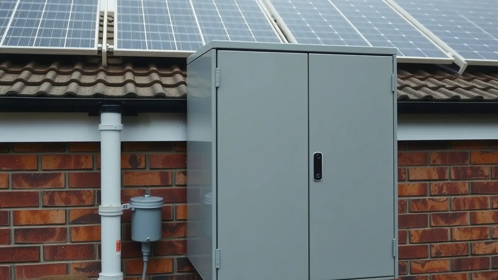 Grey electrical cabinet on a brick wall beneath rooftop solar panels