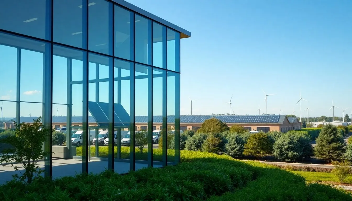 Glass-fronted commercial building with solar panels and wind turbines in the distance